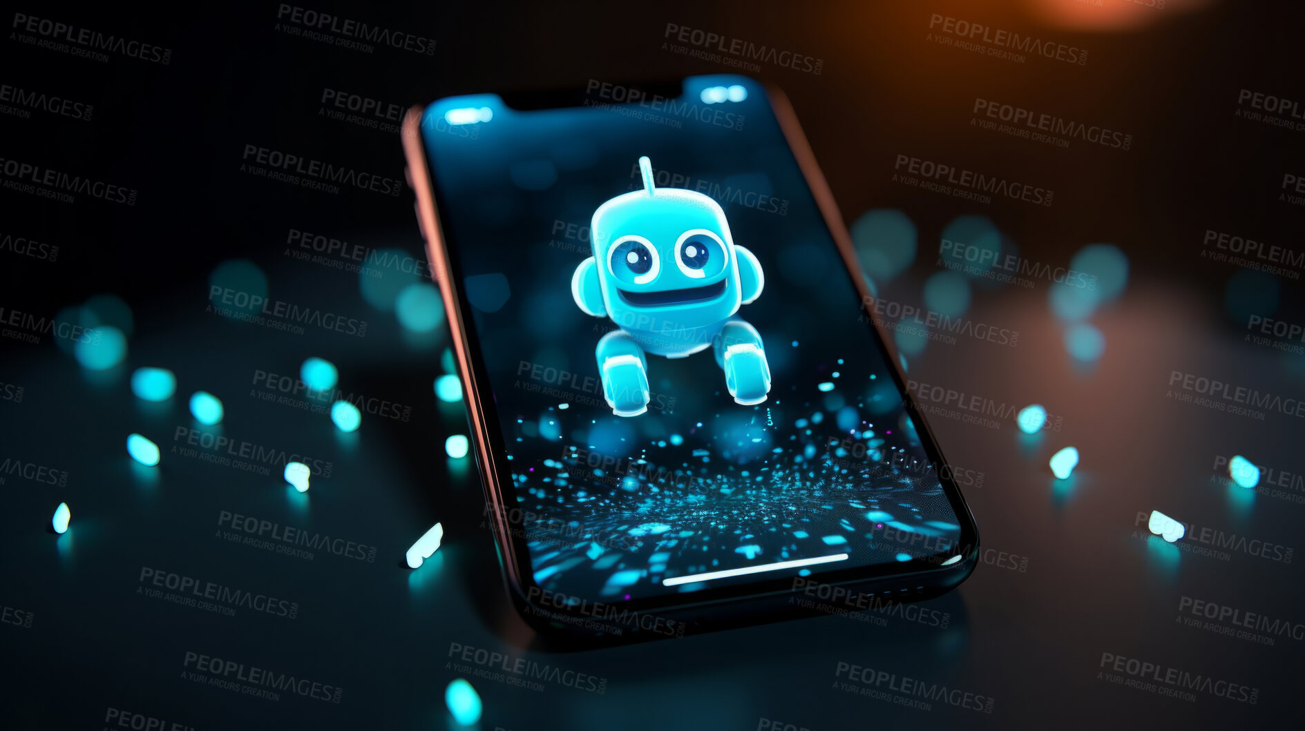 Buy stock photo Artificial intelligence robot chatbot with laptop. Robot chatting on a cellphone screen