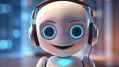 Portrait of a chatbot or artificial intelligence. Happy friendly robot with headphones