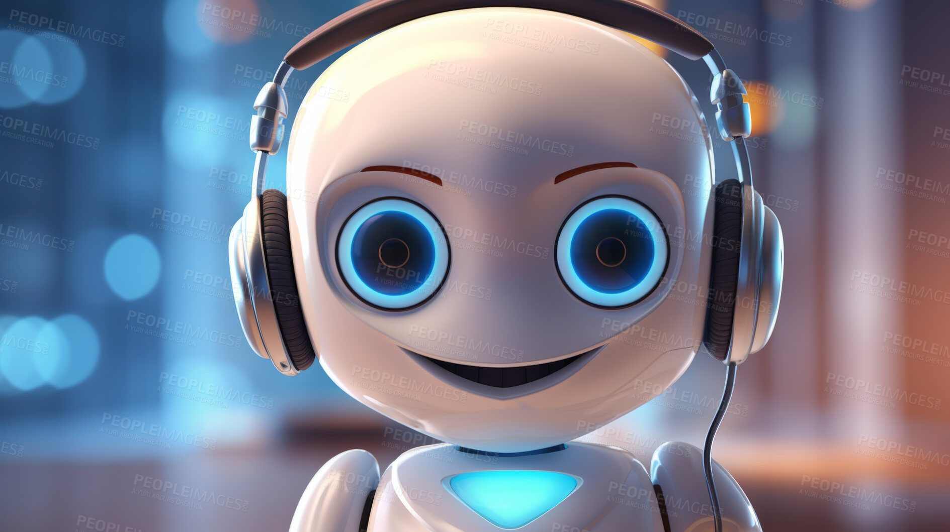 Buy stock photo Portrait of a chatbot or artificial intelligence. Happy friendly robot with headphones