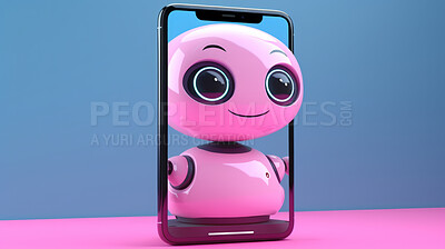 Cute artificial intelligence robot chatbot with laptop. Robot chatting on a cellphone screen