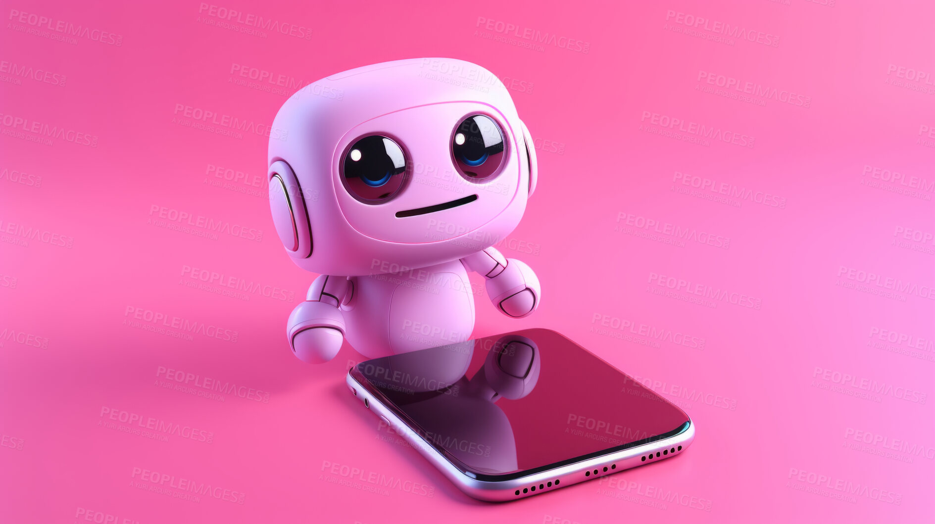 Buy stock photo Cute artificial intelligence robot chatbot with laptop. Robot chatting on a cellphone screen