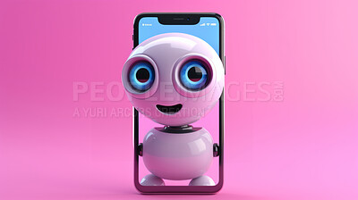 Cute artificial intelligence robot chatbot with laptop. Robot chatting on a cellphone screen