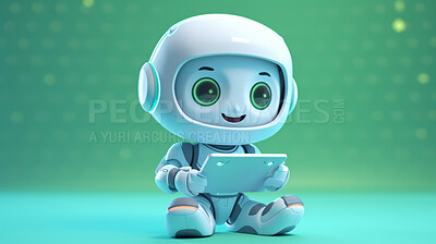 Buy stock photo Cute artificial intelligence robot chatbot with tablet. Robot chatting or working