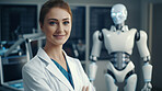 Scientist or medical doctor and humanoid robot in laboratory. Future healthcare concept