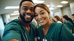 Selfie of medical student nurses in training at college, diverse doctor colleagues.