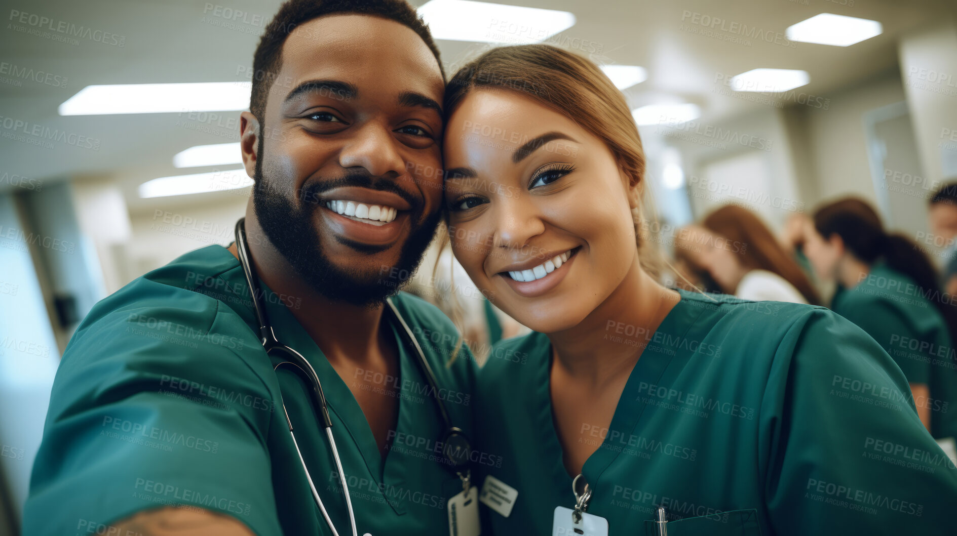 Buy stock photo Selfie of medical student nurses in training at college, diverse doctor colleagues.