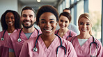 Group of medical student nurses in training at college, diverse doctor colleagues.