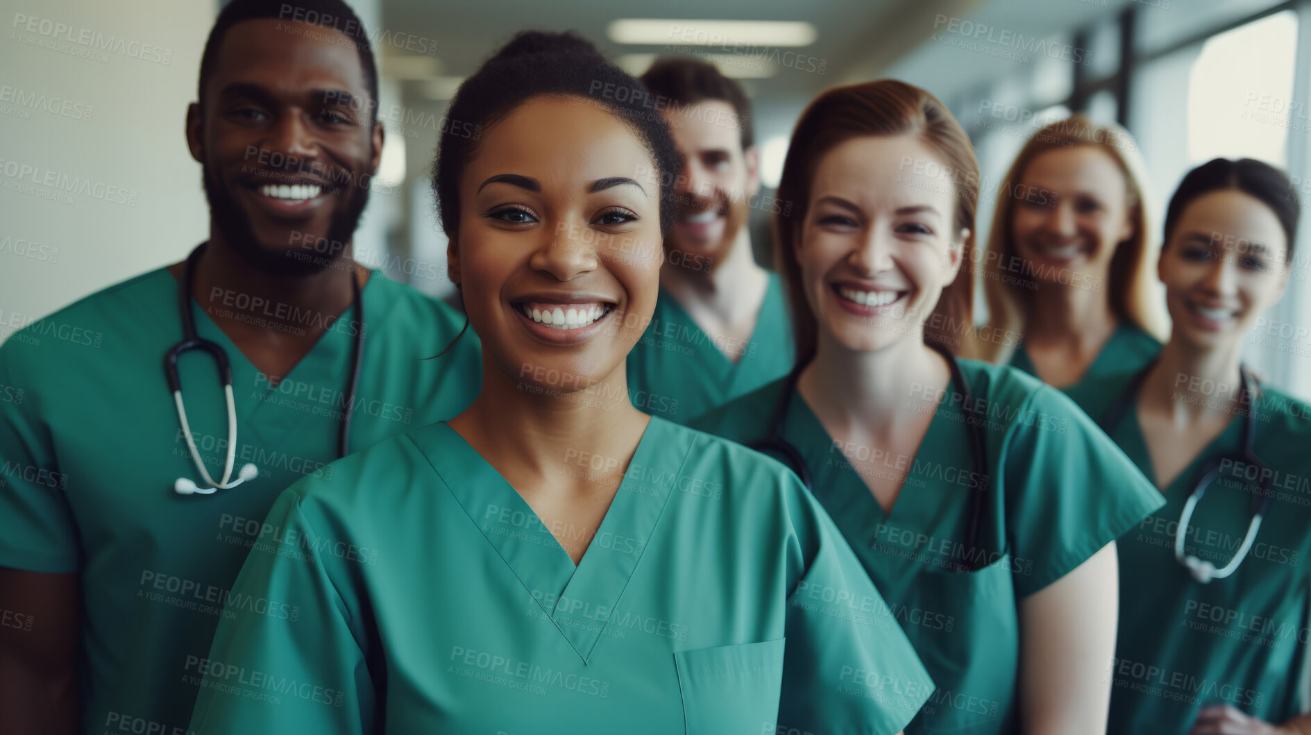 Buy stock photo Group of medical student nurses in training at college, diverse doctor colleagues.