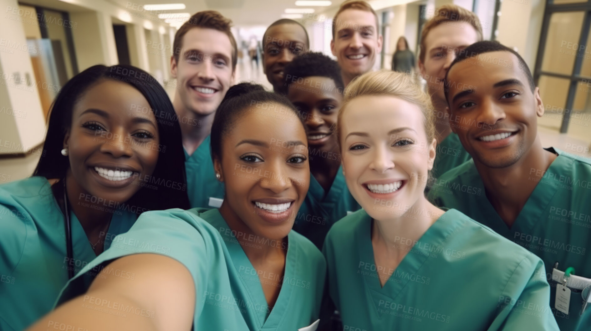 Buy stock photo Group of medical student nurses in training at college, diverse doctor colleagues.