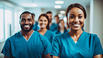 Group of medical student nurses in training at college, diverse doctor colleagues.