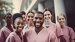 Group of medical student nurses in training at college, diverse doctor colleagues.