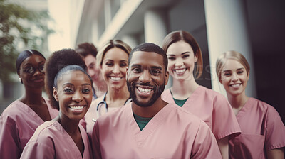 Group of medical student nurses in training at college, diverse doctor colleagues.