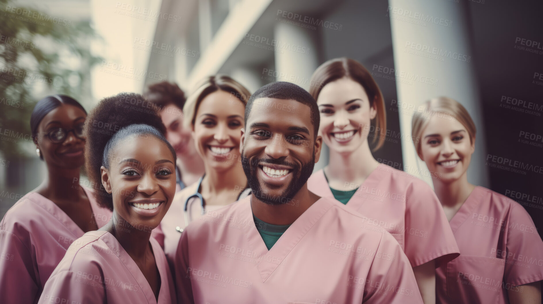 Buy stock photo Group of medical student nurses in training at college, diverse doctor colleagues.