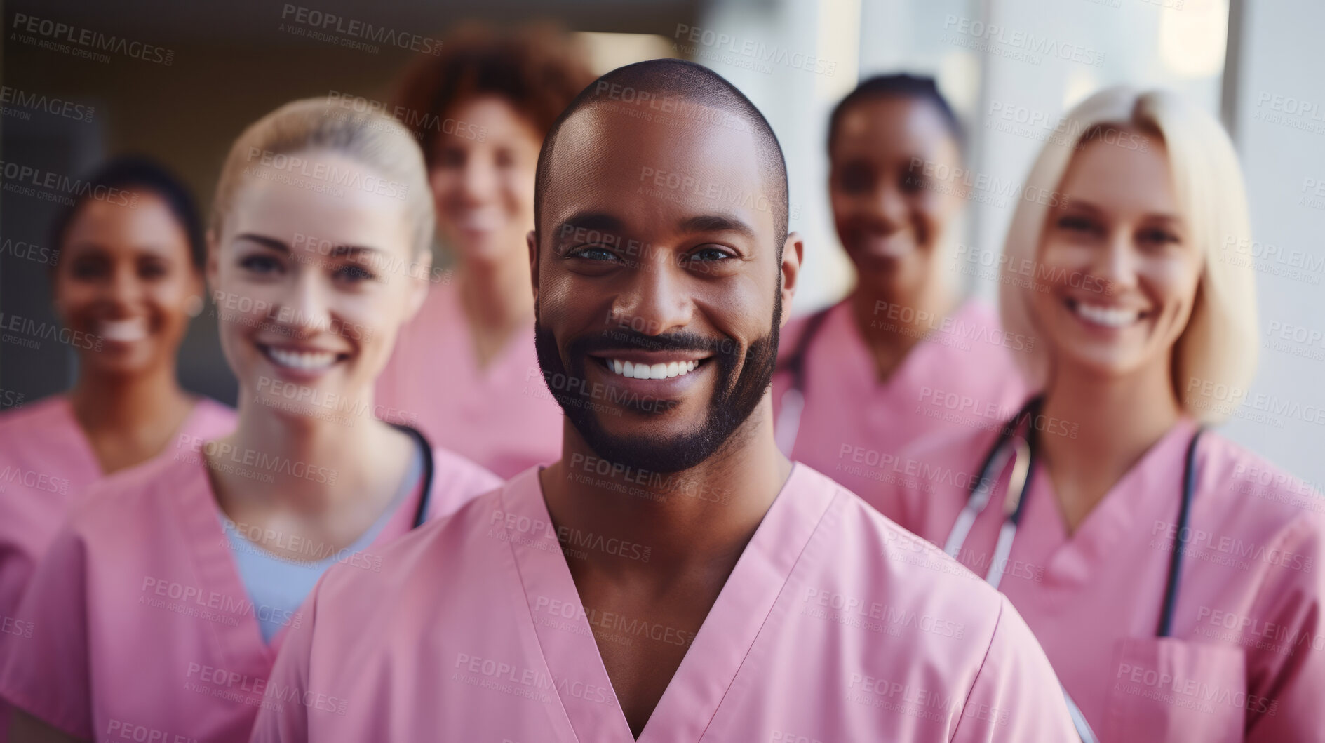 Buy stock photo Group of medical student nurses in training at college, diverse doctor colleagues.