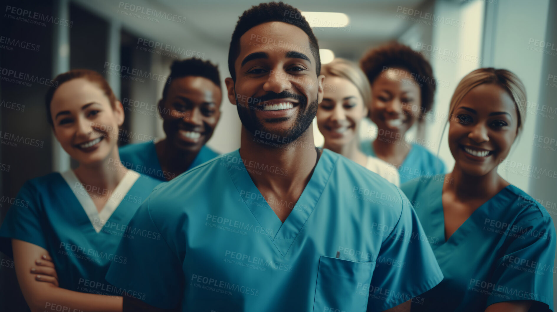 Buy stock photo Group of medical student nurses in training at college, diverse doctor colleagues.