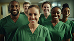 Group of medical student nurses in training at college, diverse doctor colleagues.