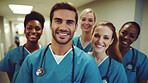 Group of medical student nurses in training at college, diverse doctor colleagues.