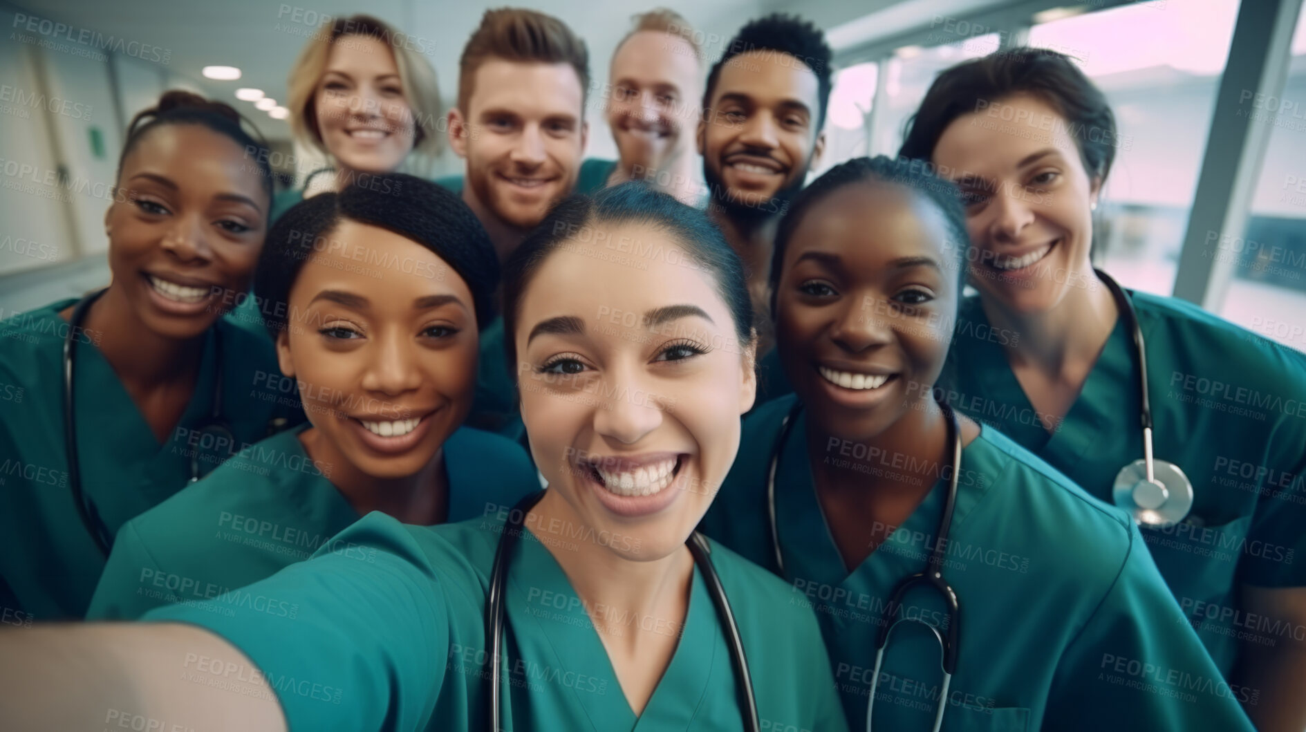 Buy stock photo Group of medical student nurses in training at college, diverse doctor colleagues.