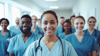 Group of medical student nurses in training at college, diverse doctor colleagues.