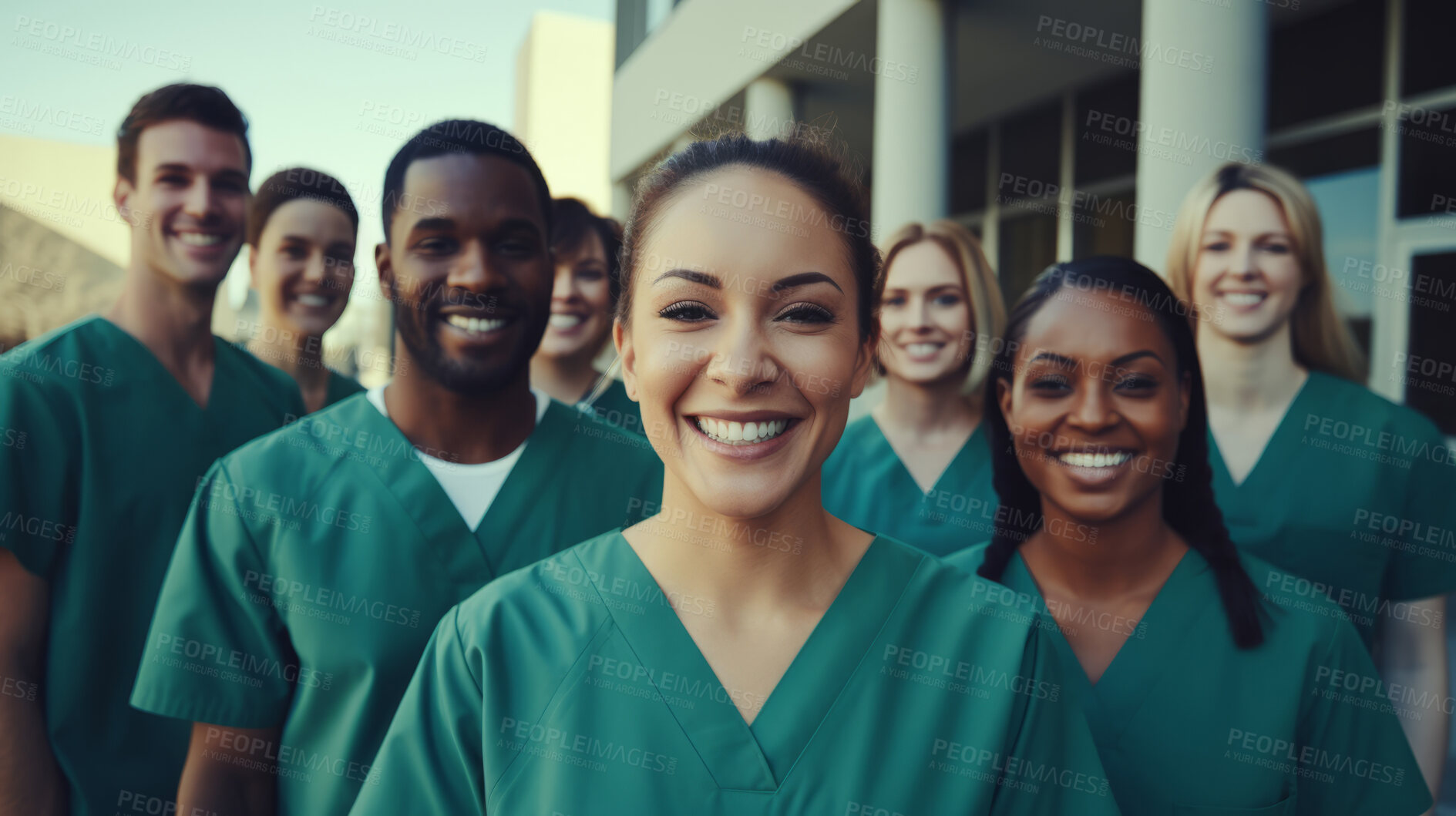 Buy stock photo Group of medical student nurses in training at college, diverse doctor colleagues.