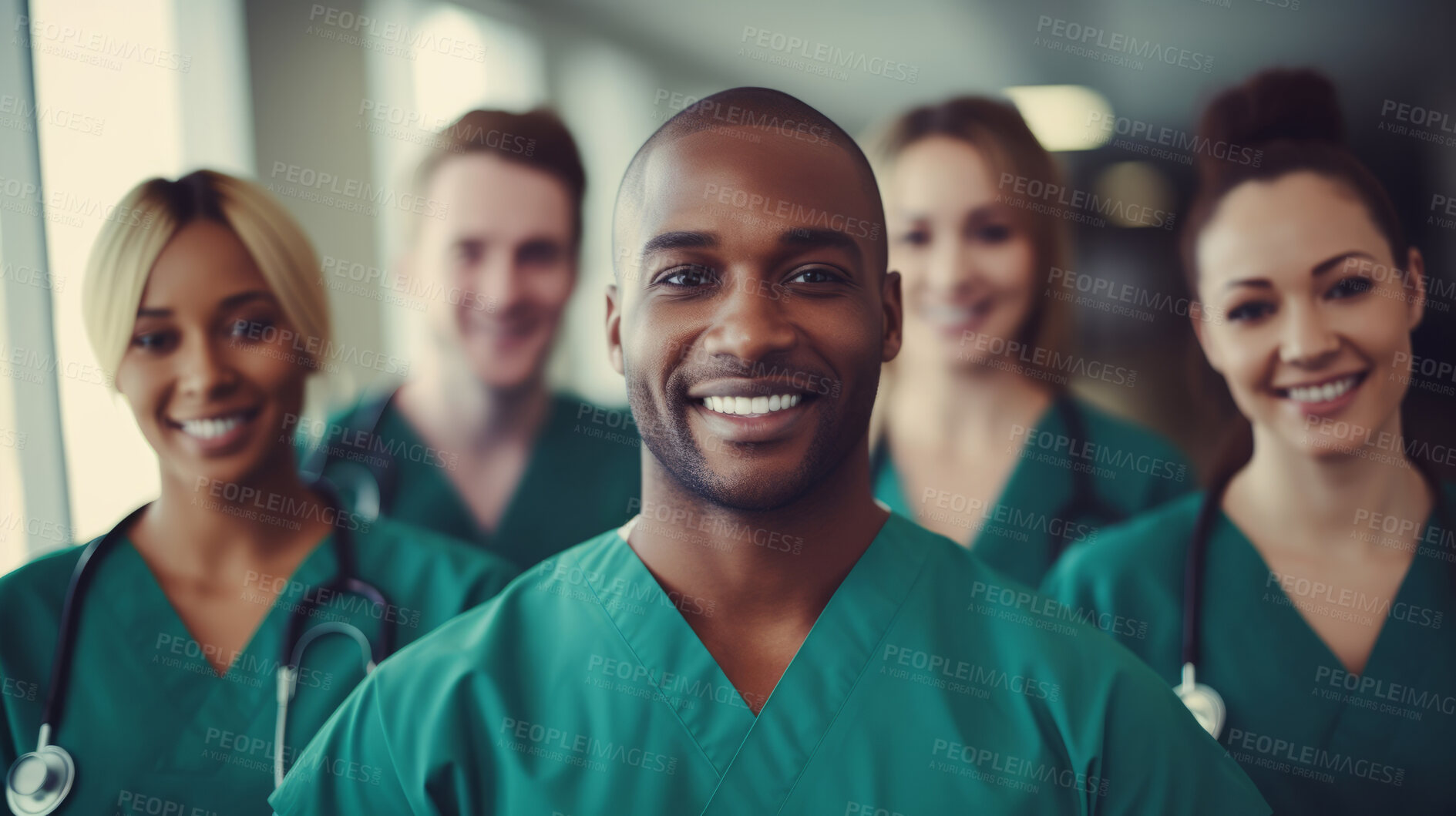 Buy stock photo Group of medical student nurses in training at college, diverse doctor colleagues.