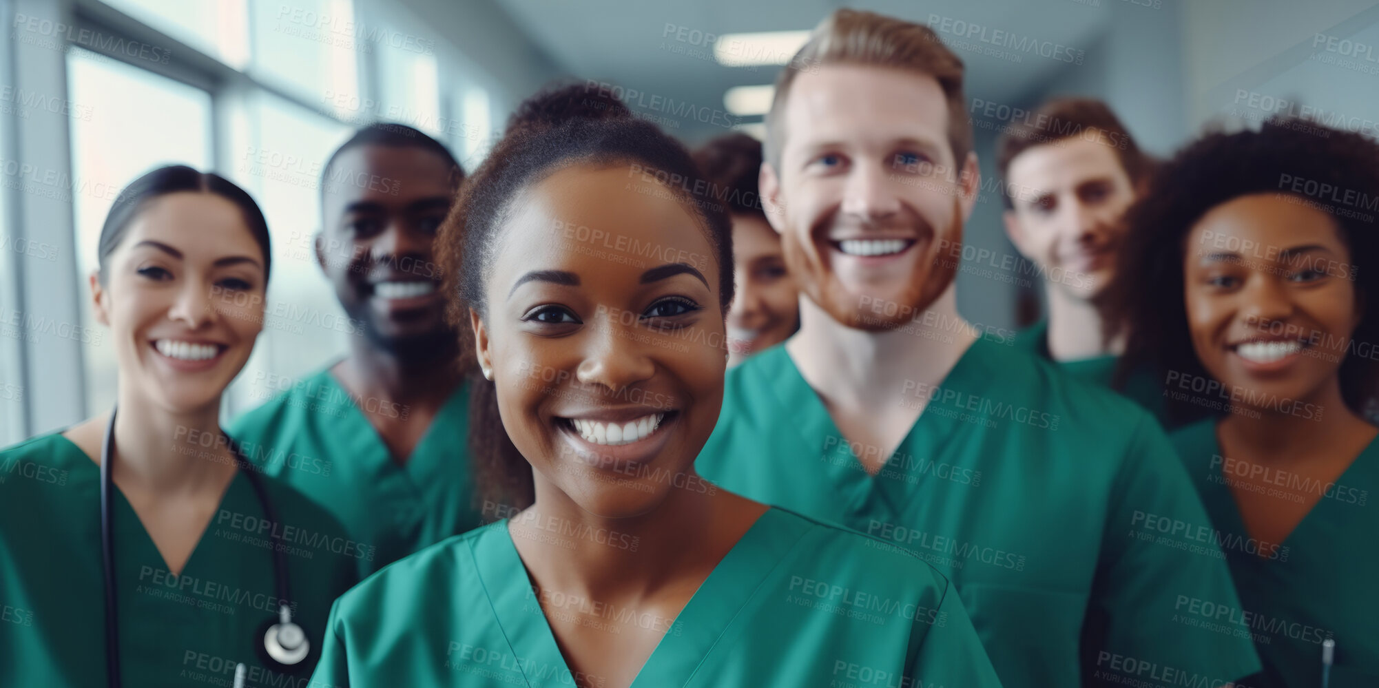 Buy stock photo Group of medical student nurses in training at college, diverse doctor colleagues.