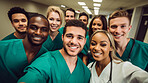 Group of medical student nurses in training at college, diverse doctor colleagues.