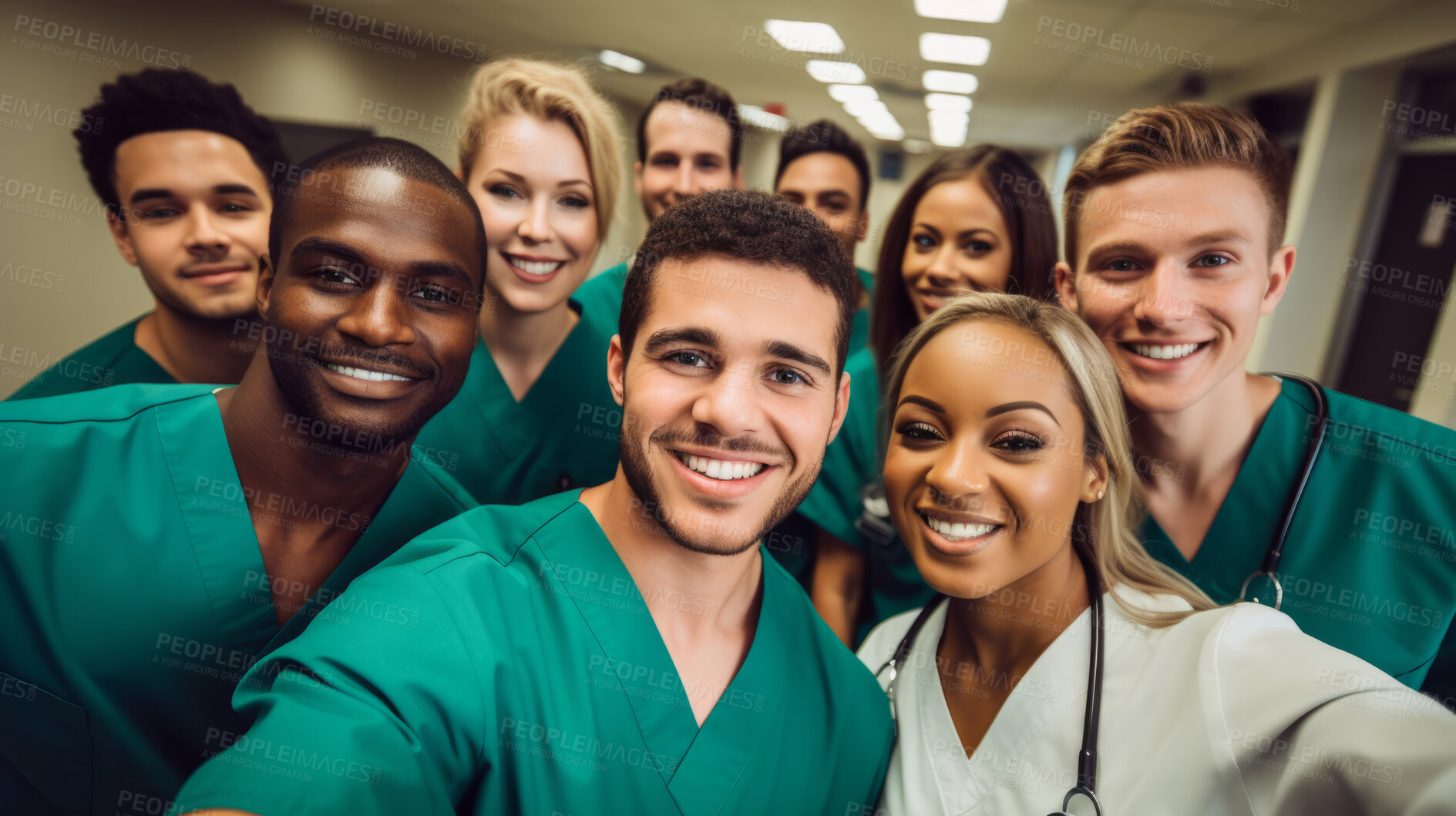Buy stock photo Group of medical student nurses in training at college, diverse doctor colleagues.