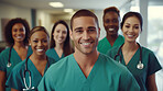 Group of medical student nurses in training at college, diverse doctor colleagues.