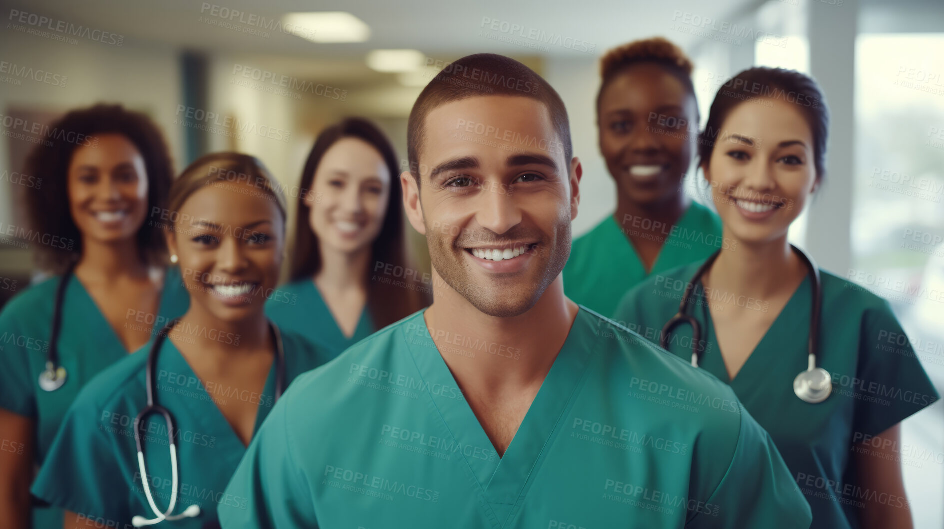 Buy stock photo Group of medical student nurses in training at college, diverse doctor colleagues.