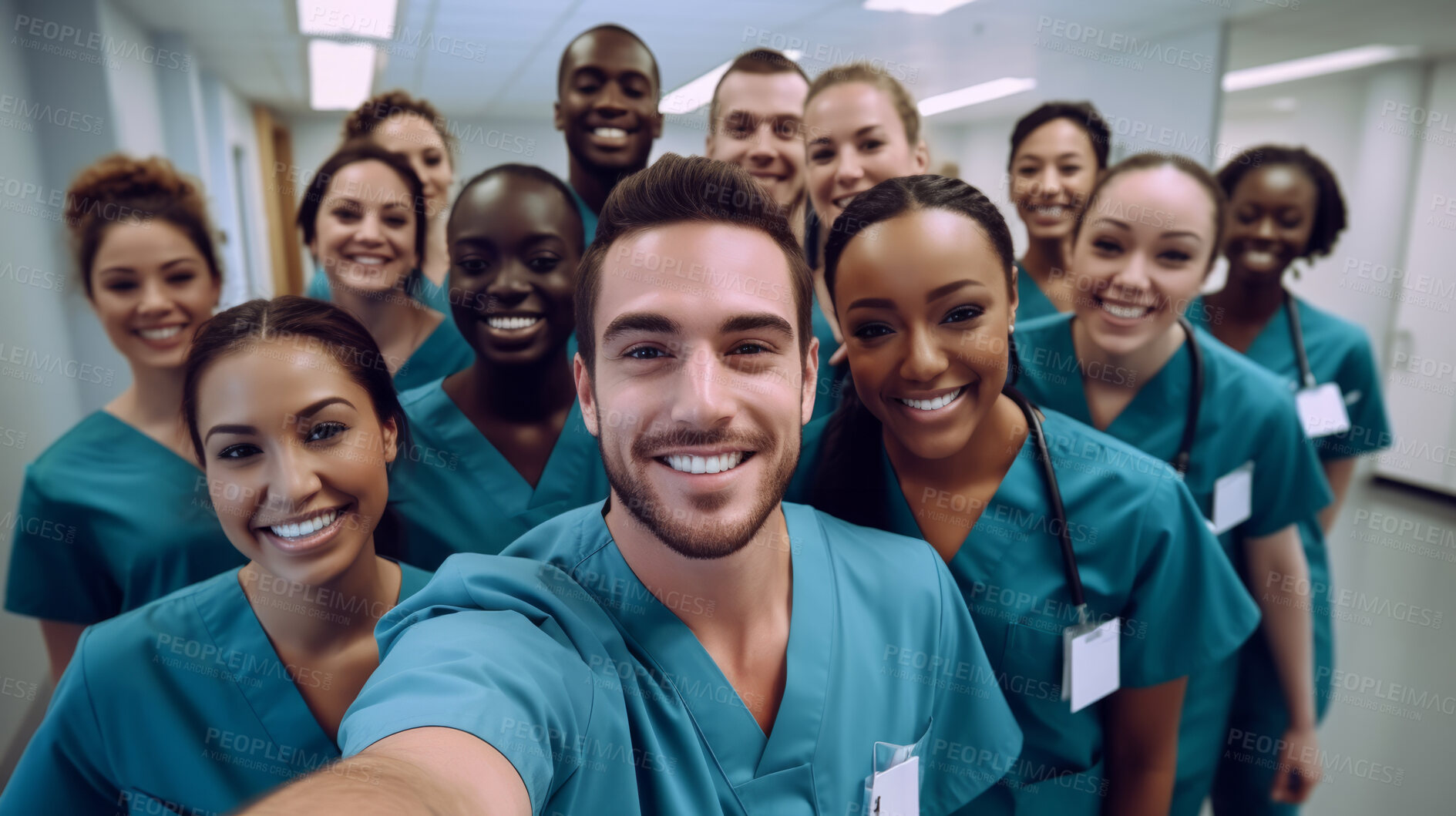 Buy stock photo Group of medical student nurses in training at college, diverse doctor colleagues.