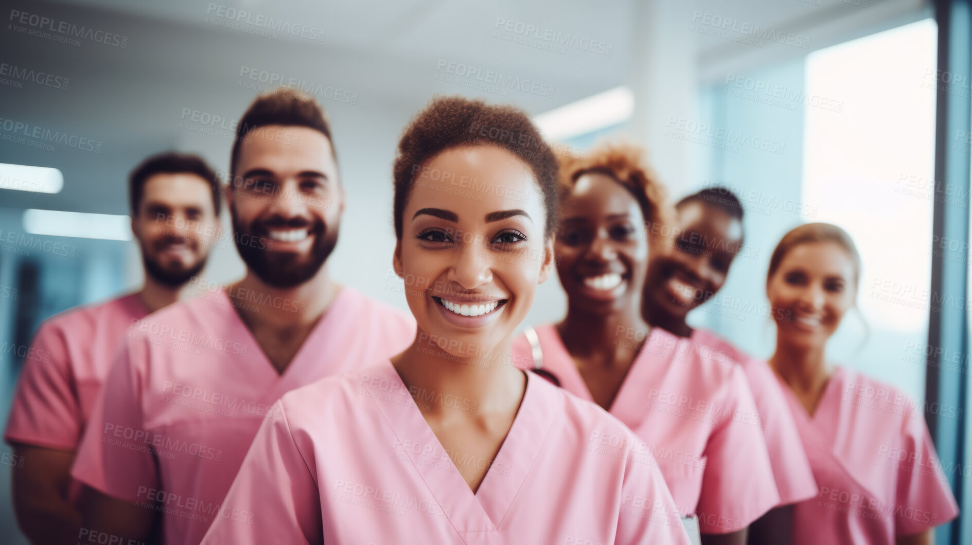 Buy stock photo Group of medical student nurses in training at college, diverse doctor colleagues.