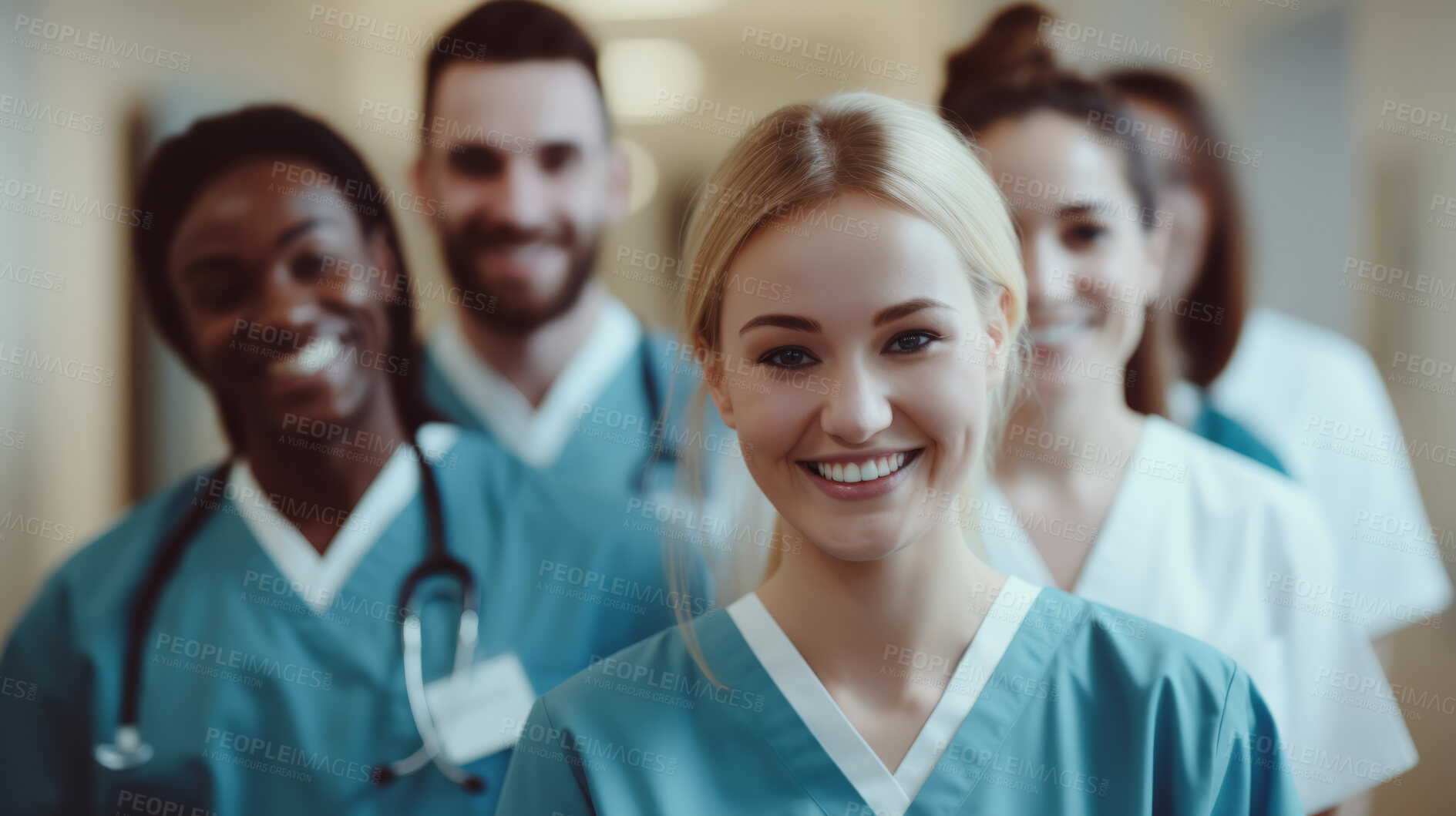 Buy stock photo Group of medical student nurses in training at college, diverse doctor colleagues.