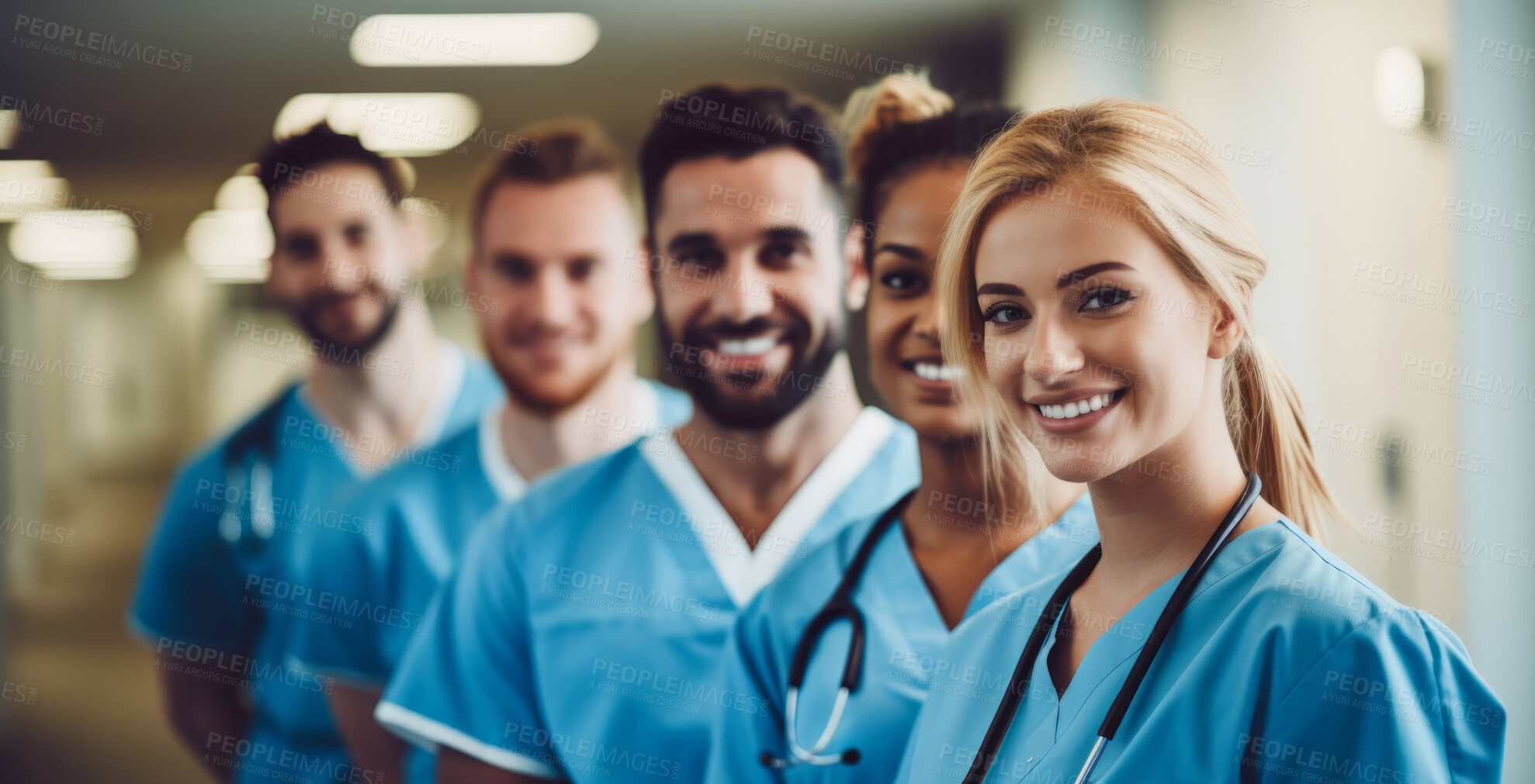 Buy stock photo Group of medical student nurses in training at college, diverse doctor colleagues.