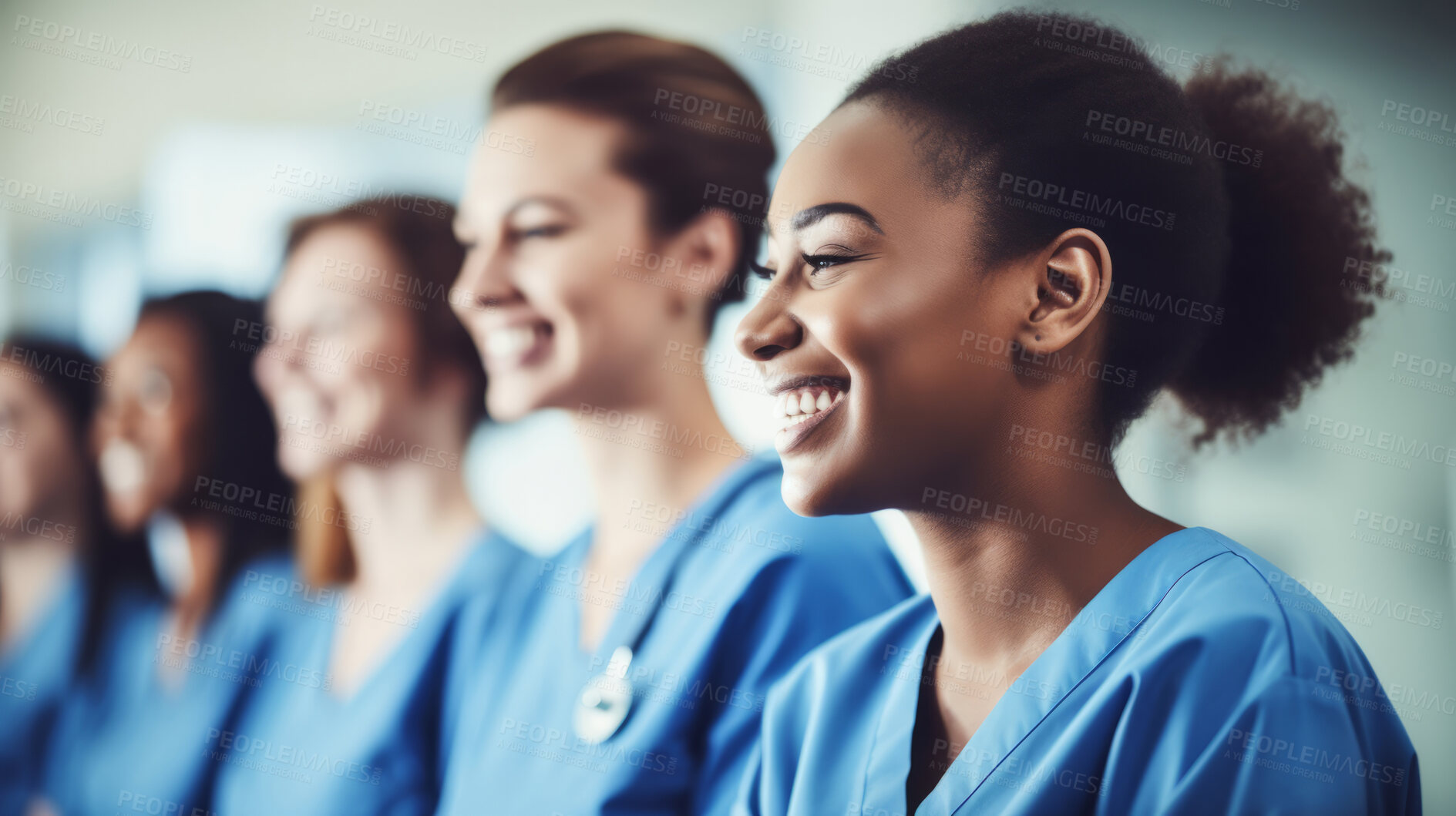 Buy stock photo Group of medical student nurses in training at college, diverse doctor colleagues.