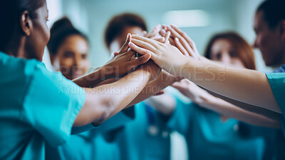 Group of medical student nurses high five. Doctor teamwork concept.