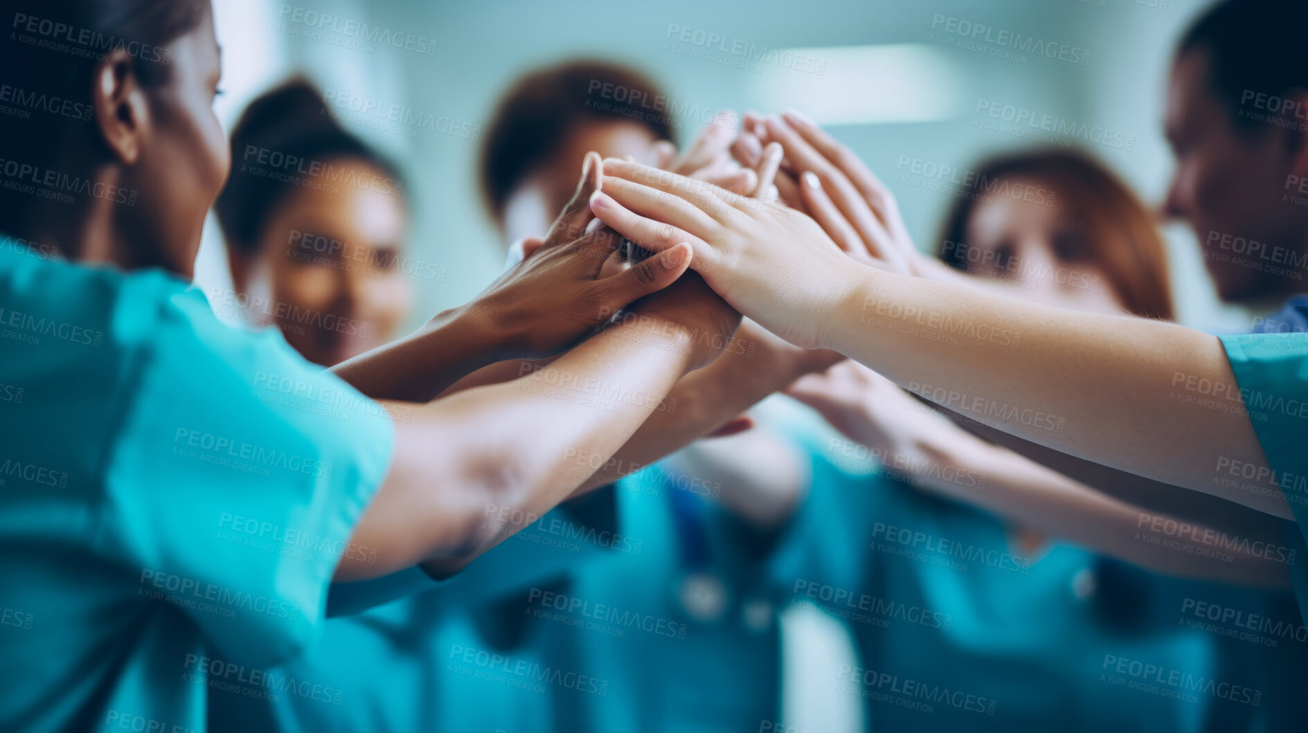 Buy stock photo Group of medical student nurses high five. Doctor teamwork concept.