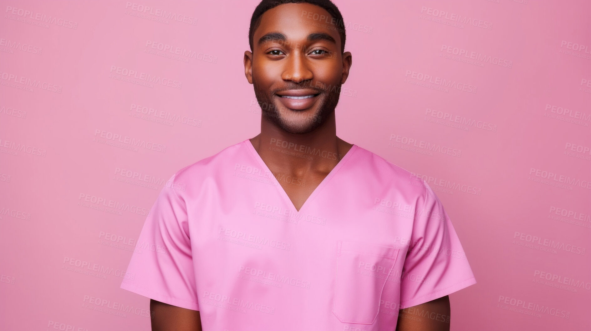 Buy stock photo Friendly medical doctor or nurse in pink uniform scrubs on copyspace background.