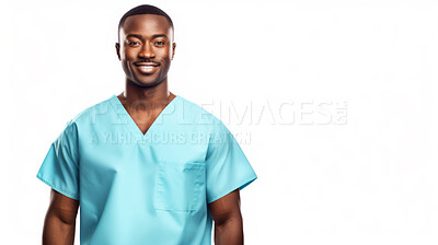 Buy stock photo Friendly medical doctor or nurse in blue uniform scrubs on copyspace background.