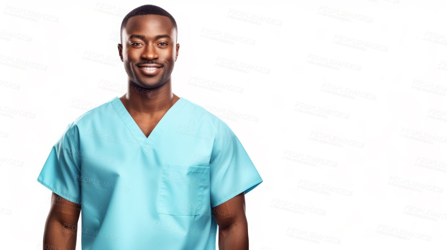Buy stock photo Friendly medical doctor or nurse in blue uniform scrubs on copyspace background.
