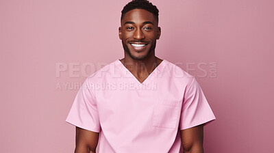 Buy stock photo Friendly medical doctor or nurse in pink uniform scrubs on copyspace background.