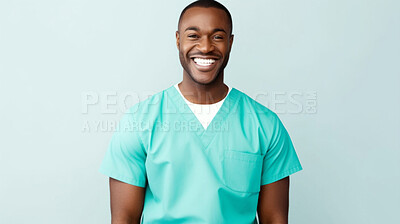 Buy stock photo Friendly medical doctor or nurse in green uniform scrubs on copyspace background.