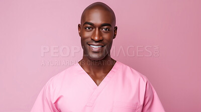 Buy stock photo Friendly medical doctor or nurse in pink uniform scrubs on copyspace background.