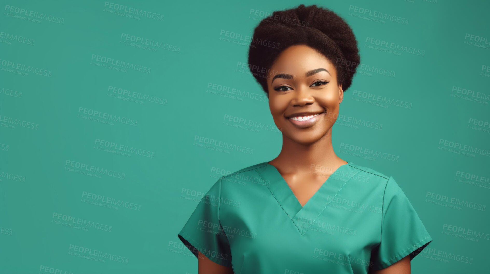 Buy stock photo Friendly medical doctor or nurse in green uniform scrubs on copyspace background.