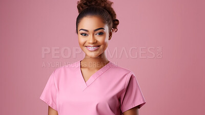 Buy stock photo Friendly medical doctor or nurse in pink uniform scrubs on copyspace background.