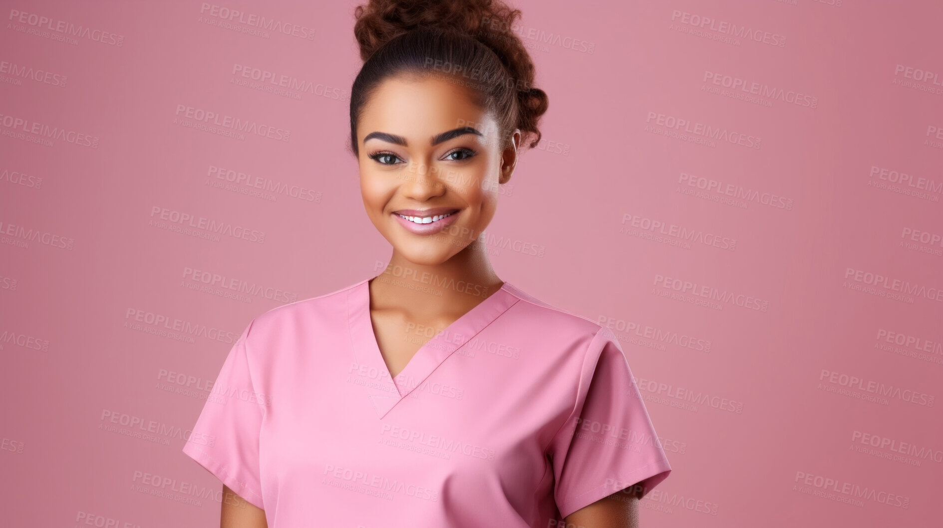 Buy stock photo Friendly medical doctor or nurse in pink uniform scrubs on copyspace background.