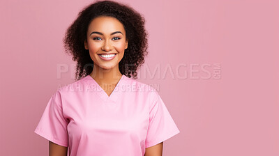 Buy stock photo Friendly medical doctor or nurse in pink uniform scrubs on copyspace background.