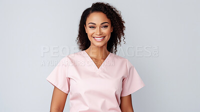 Buy stock photo Friendly medical doctor or nurse in pink uniform scrubs on copyspace background.