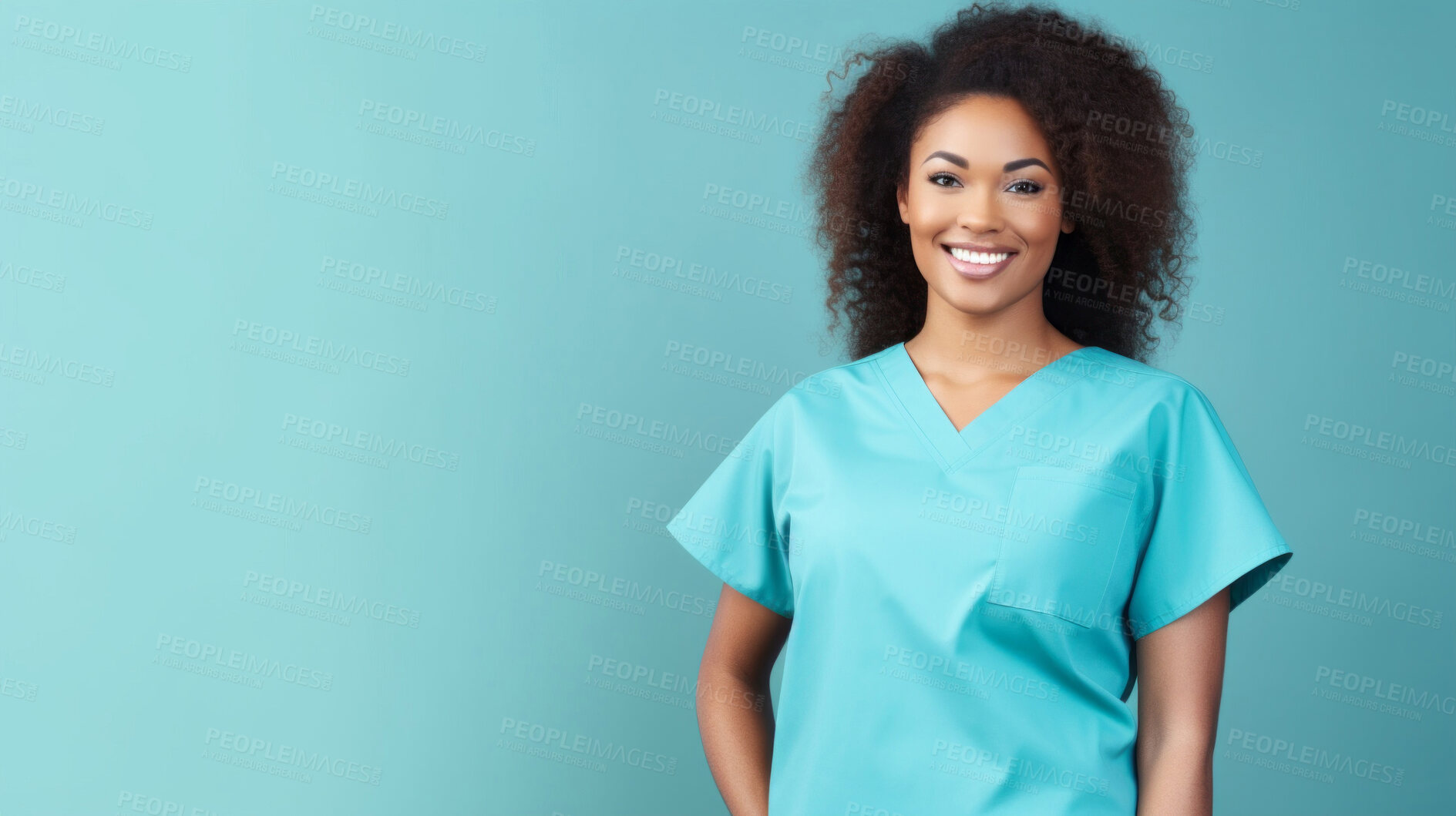 Buy stock photo Friendly medical doctor or nurse in blue uniform scrubs on copyspace background.