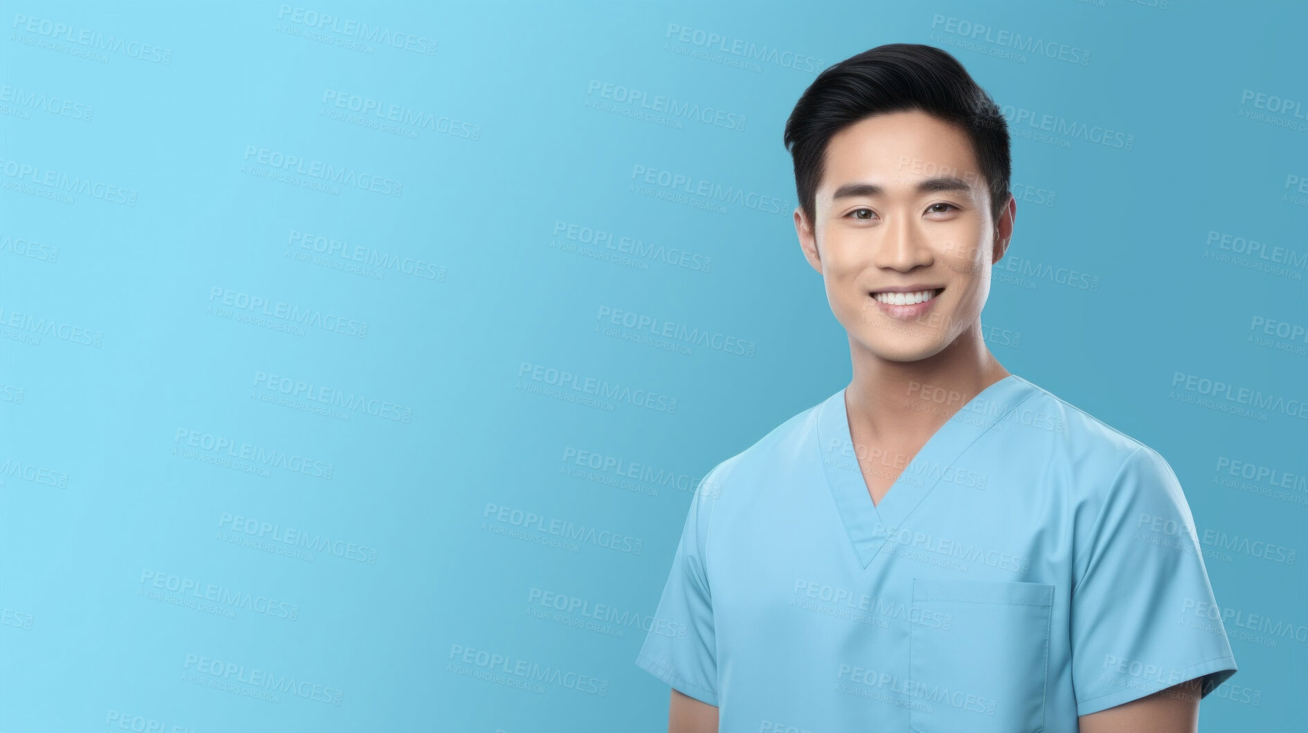 Buy stock photo Friendly medical doctor or nurse in blue uniform scrubs on copyspace background.